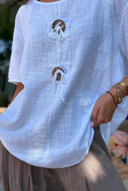 Izi Cheesecloth Button Tee White